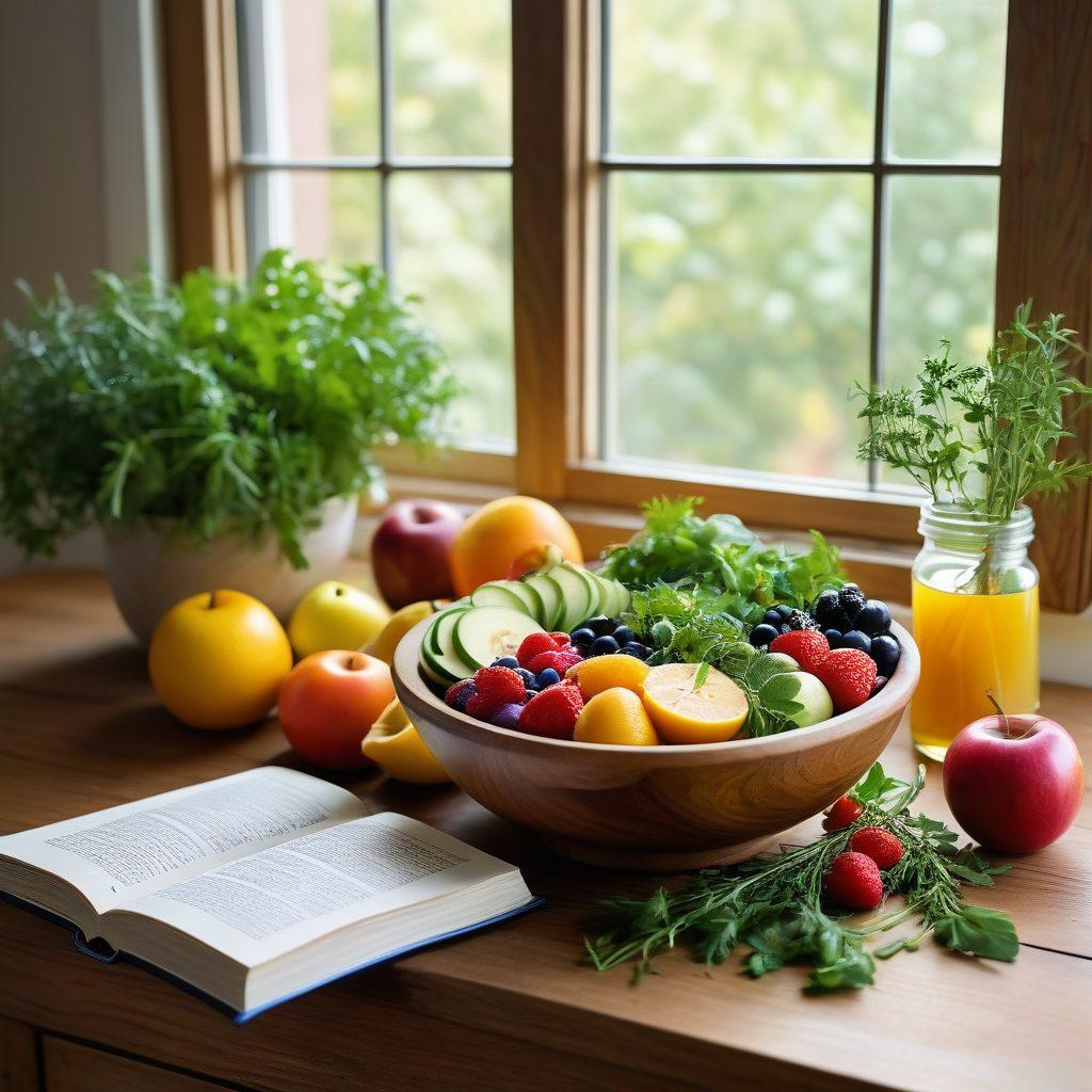 A serene kitchen scene showcasing a vibrant array of fresh fruits and vegetables, with a beautifully arranged colorful salad in the foreground. A cup of herbal tea sits beside a holistic wellness book opened to a page on digestive health. Soft natural light filters through a window, creating a calm and inviting atmosphere. Organic elements, like a wooden bowl and a sprig of herbs, add warmth to the composition. super-realistic. vibrant colors. natural lighting.