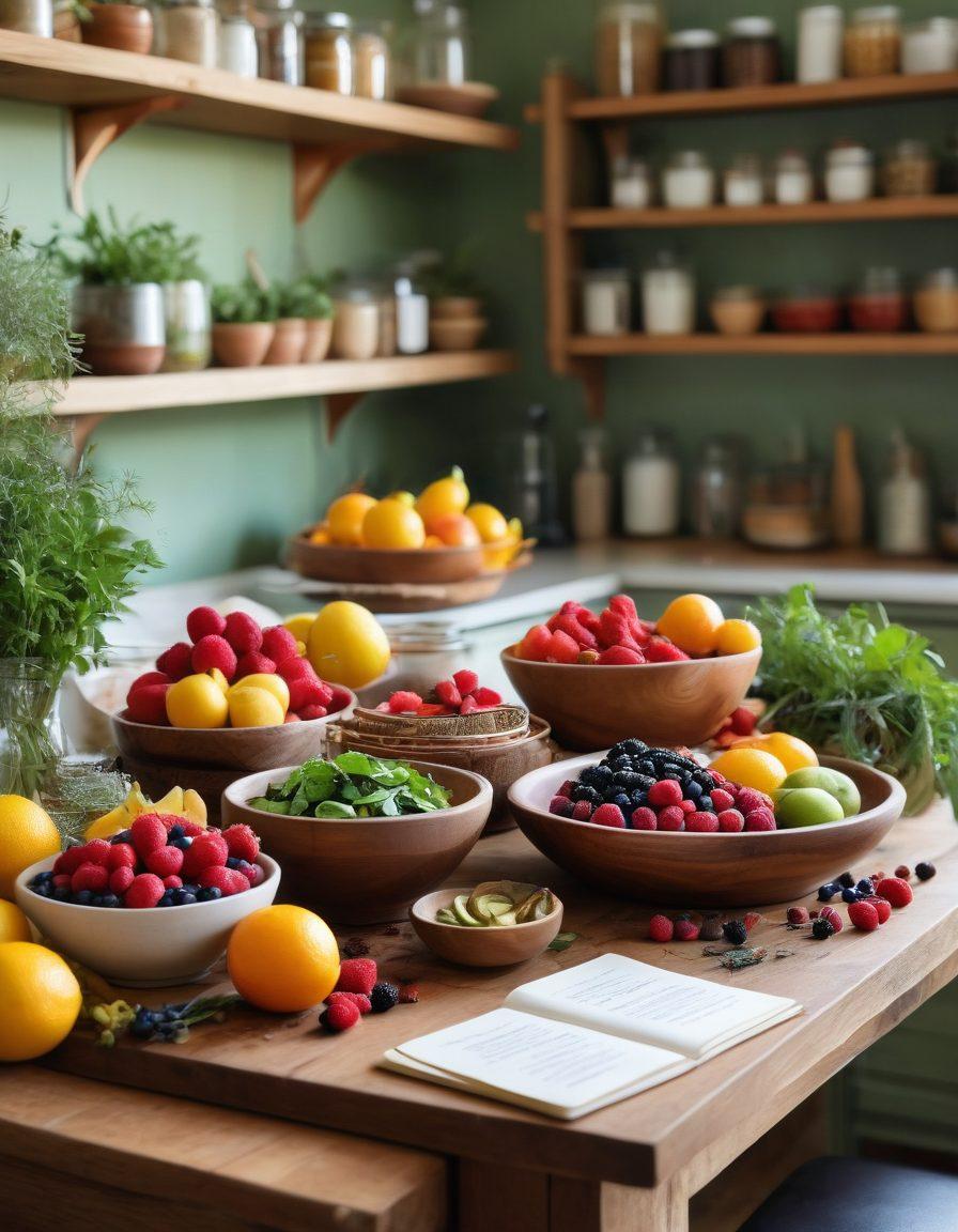 A serene scene featuring a wooden table with an array of gut-friendly foods like colorful fruits, vegetables, and whole grains. In the background, a softly lit kitchen with herbs and spices on shelves, promoting a feeling of wellness and harmony. Include a journal open with handwritten notes on IBS management and wellness tips. The atmosphere should convey tranquility and health. super-realistic. vibrant colors. warm lighting.
